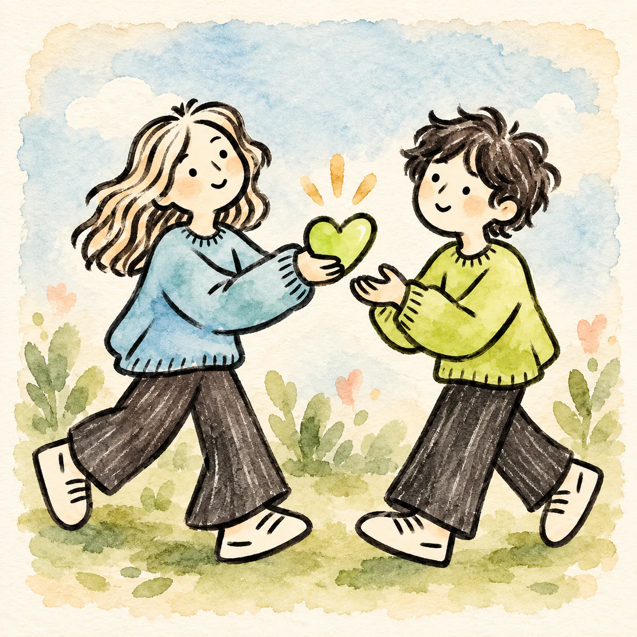 A girl hugging a giant green heart
