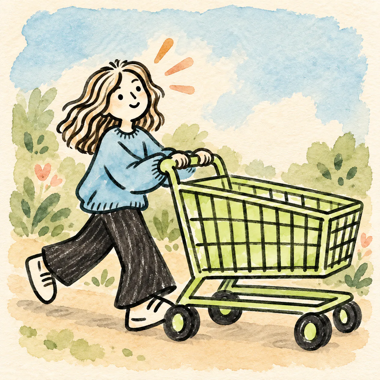 A girl happily pushing a shopping cart