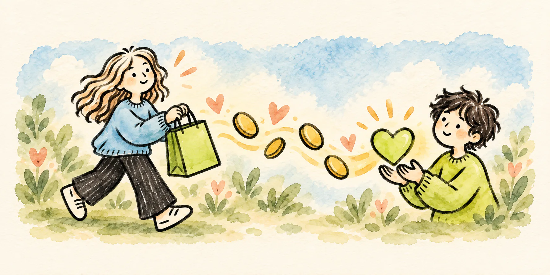 A girl with a shopping bag sends coins and hearts to a boy holding a green heart