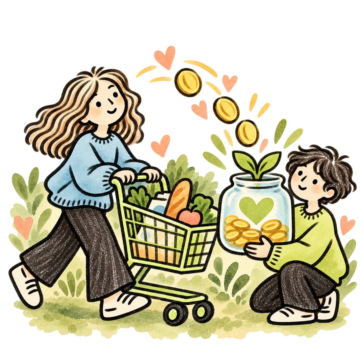 A girl pushing a cart of groceries while coins and hearts fly into a donation jar